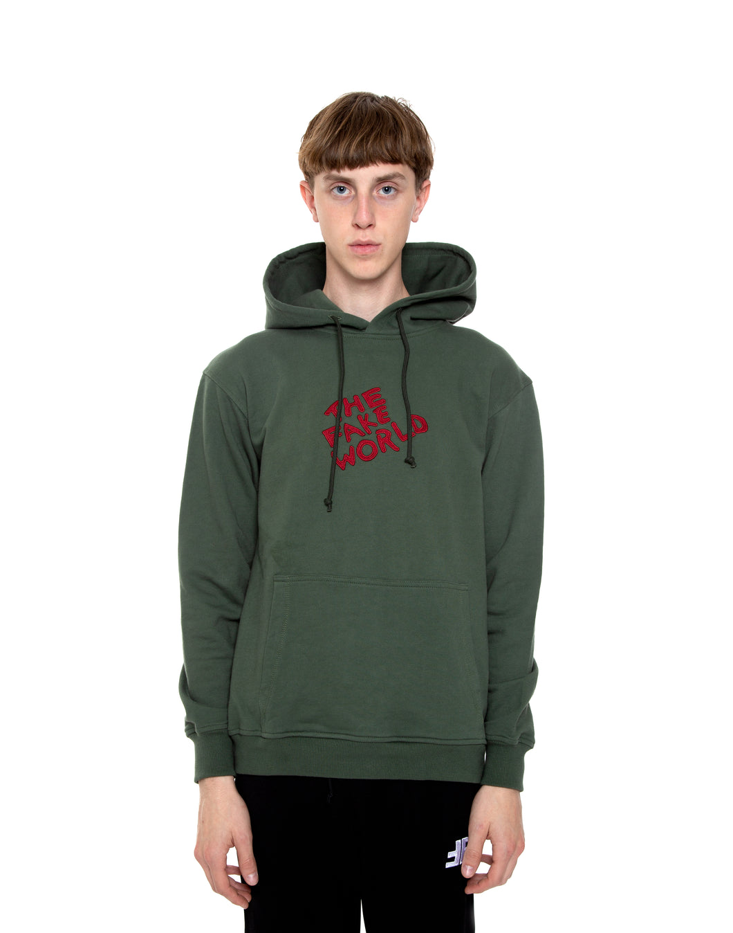 Olive “FAKE World” Pullover Hoodie