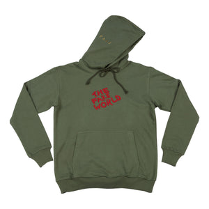Olive “FAKE World” Pullover Hoodie
